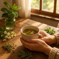 Hands holding cup of herbal tea on wooden table with fresh botanical herbs in warm natural sunlight