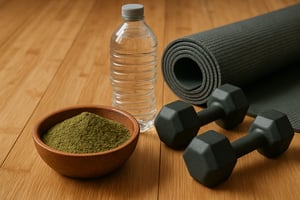 Fitness recovery setup with kratom Mitragyna speciosa powder in wooden bowl, dumbbells, water bottle, and rolled yoga mat on gym floor for post-workout botanical wellness