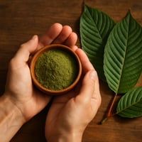 Hands holding wooden bowl of kratom powder with fresh green kratom leaves on wooden table for pain management