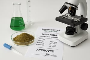 Professional laboratory quality control setup showing kratom Mitragyna speciosa powder sample, approved certificate, microscope, and testing equipment for vendor selection guide