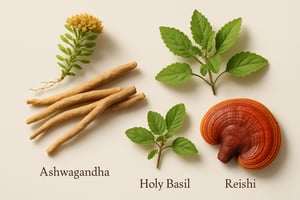 Natural adaptogenic herbs and mushrooms including ashwagandha root, rhodiola rosea, holy basil leaves, and reishi mushroom arranged on white surface