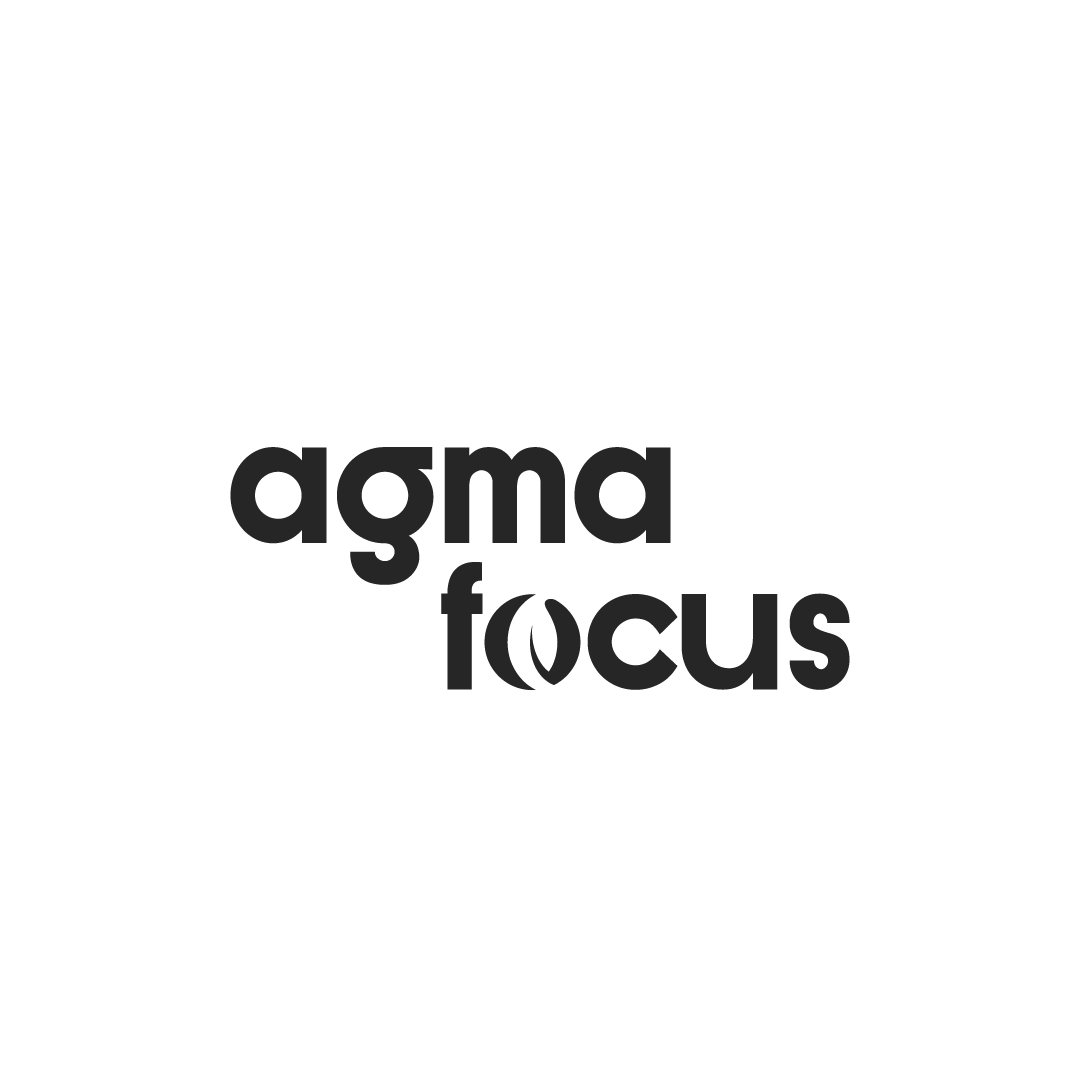 agma focus logo in black and white with leaf in the o